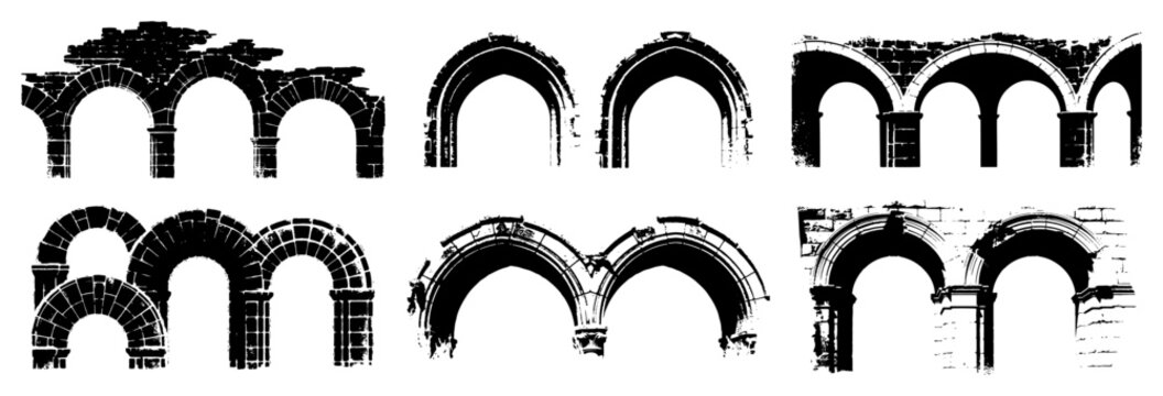Ancient architectural arches and stone colonnade silhouettes in a distressed historical style