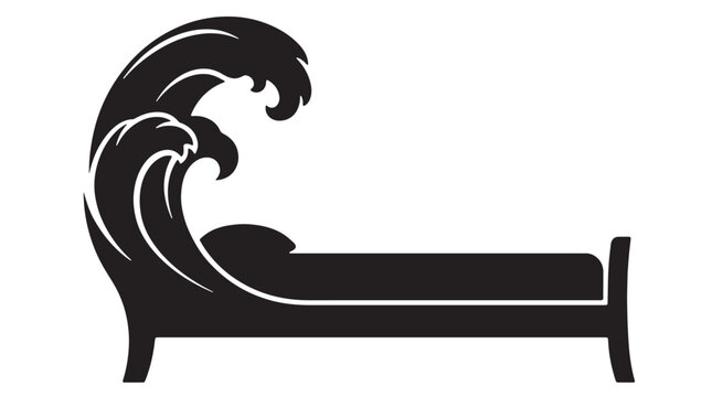 Wave Crest Bed Frame Silhouette, Comfortable bed where the headboard is shaped like a powerful crashing ocean wave Editable Vector Strokes Illustrations Silhouettes. bed, wave, ocean, sleep, dream.