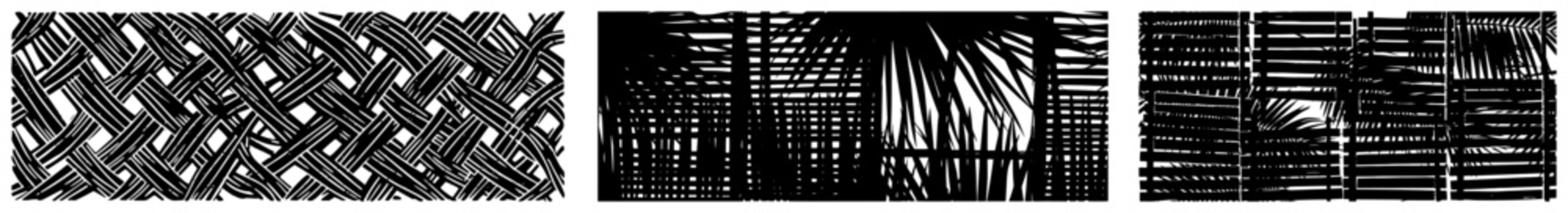 Woven wicker mat texture and tropical palm leaves behind wooden fence in grunge style