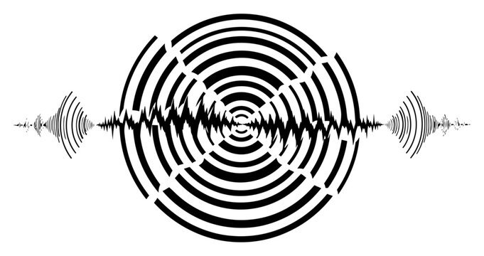 Circular concentric rings and horizontal sound frequency waves in a minimalist geometric style