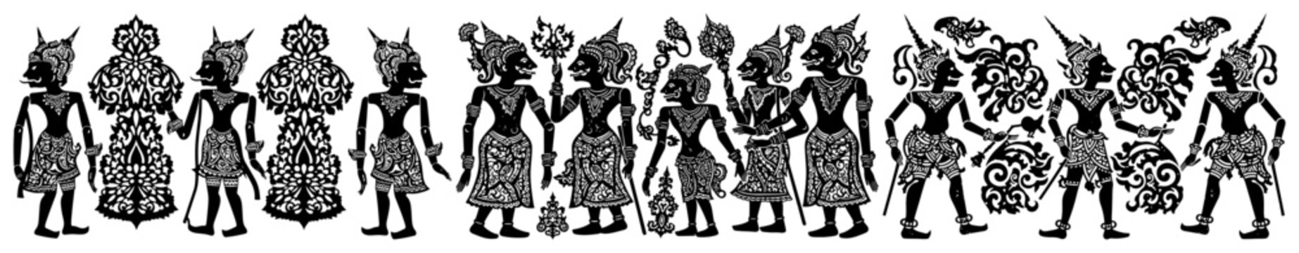 Traditional Indonesian wayang kulit shadow puppets with intricate ornate patterns