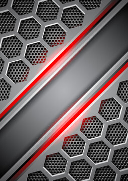 Metallic hexagonal grid with red glowing lines and brushed metal strip on diagonal background