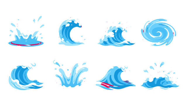 Set of blue cartoon water splashes and ocean wave icons