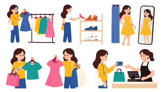 Woman shopping for clothes and shoes in fashion store set