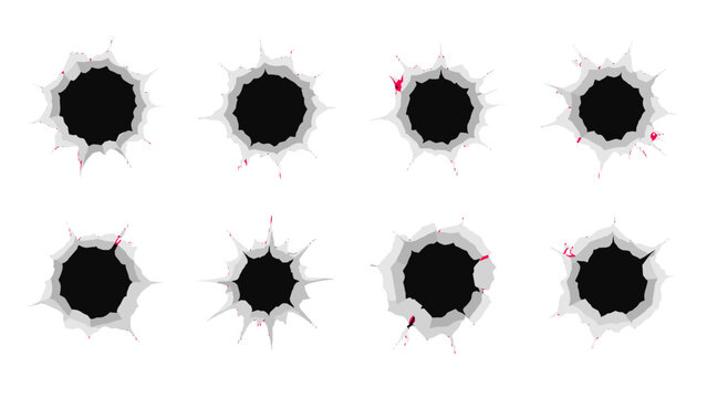 Set of cracked bullet hole effects isolated on white