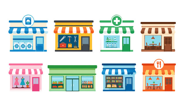 Set of colorful storefront icons with different small shops