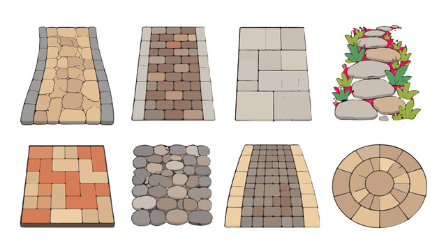 Set of illustrated stone and brick garden path designs