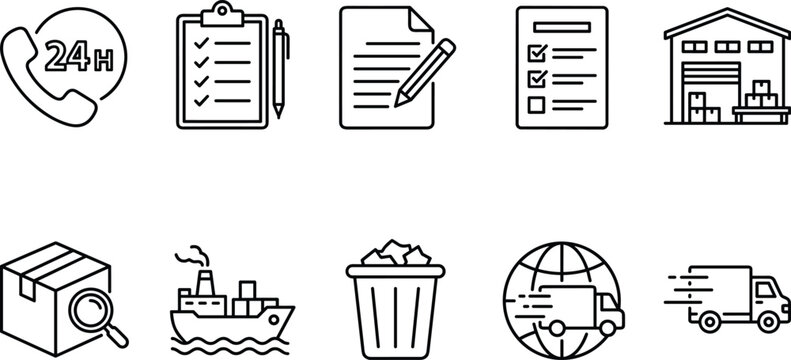 Customer support and document management icons for supply chain warehouse operations and transport tracking.