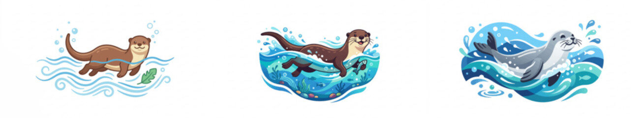 Cartoon otter swimming in ocean waves with seaweed (4) © Cici