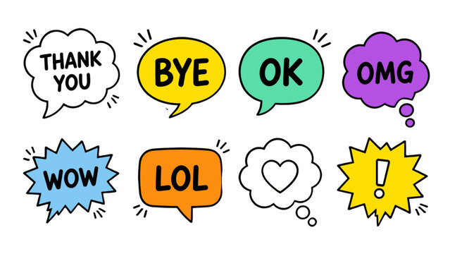 Hand drawn comic speech bubbles with text and symbols set