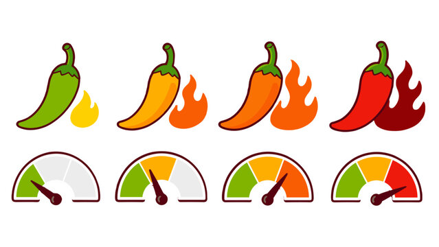 Spicy chili pepper heat level scale with flame and gauge icons