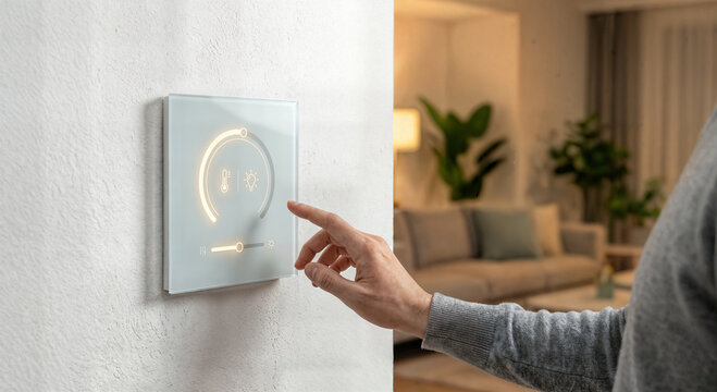 Hand adjusting smart home thermostat interface with temperature and light controls on wall modern technology convenience comfort automation.