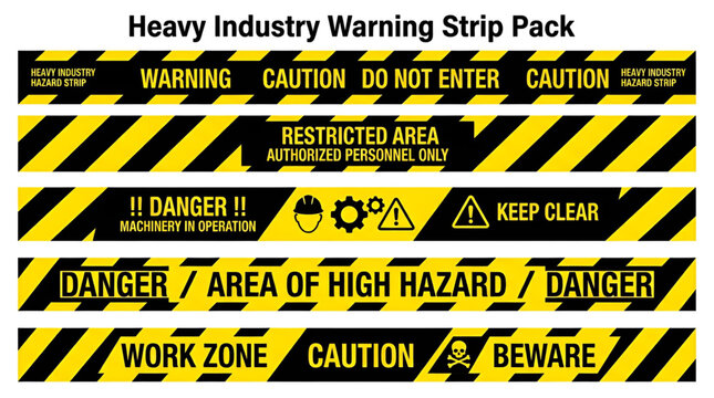 Collection of heavy industry warning and hazard stripes on a transparent background