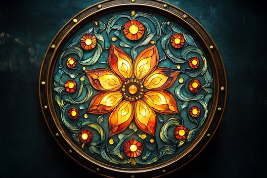 Artistic botanical roundel with colorful petals and teal swirls image