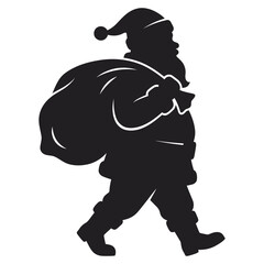 Naklejka premium Black Silhouette of Santa Claus Walking with a Large Gift Sack
