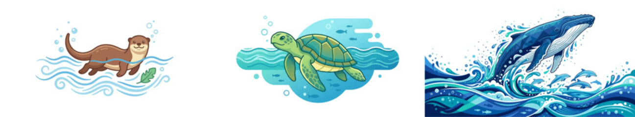 Cartoon otter swimming in ocean water with seaweed © Cici