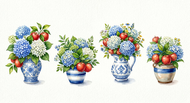 Hand painted watercolor set depicting charming floral compositions with blue and white hydrangeas and bright red appals in different ceramic pots, isolated on a white background