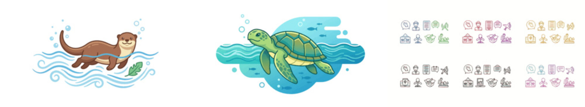 Cartoon otter and sea turtle swimming with office icons background (1)