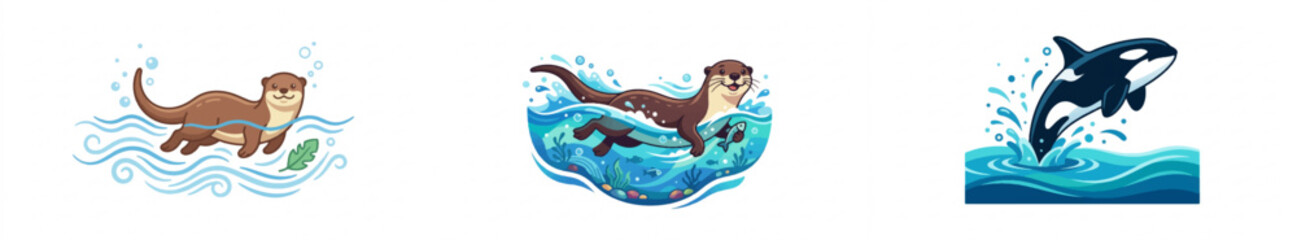 Cartoon otter swimming in ocean with seaweed © Cici