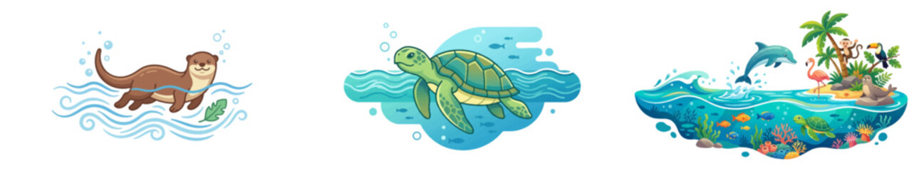 Cartoon otter, sea turtle, and tropical marine scene illustration set © Cici