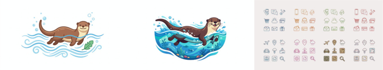 Cute cartoon otter swimming in water with bubbles and seaweed © Cici