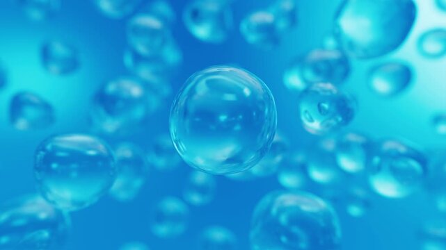 Transparent water bubbles of varying sizes float against vivid cyan blue background with one sharp bubble centered in frame
