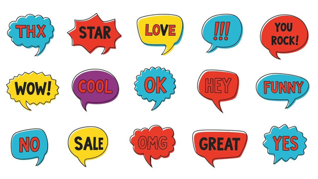 Comic speech bubbles vector illustration with colorful pop‑art words, expressive communication icons, bold text phrases, vibrant design elements, social media style graphics, isolated artistic collect