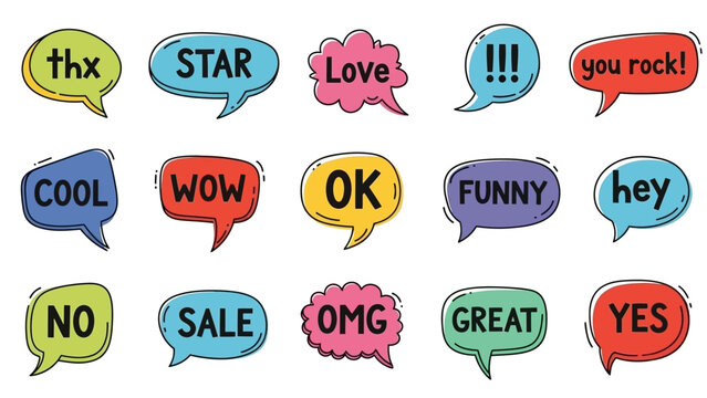 Comic speech bubbles vector illustration with colorful pop‑art words, expressive communication icons, bold text phrases, vibrant design elements, social media style graphics, isolated artistic collect