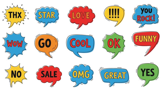 Comic speech bubbles vector illustration with colorful pop‑art words, expressive communication icons, bold text phrases, vibrant design elements, social media style graphics, isolated artistic collect