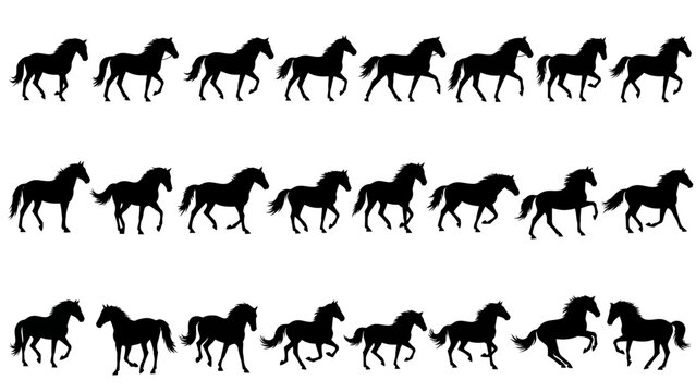 Horse motion silhouettes vector illustration showing walking and trotting stages, dynamic animal locomotion frames, black outline shapes, equine movement study, artistic design elements, isolated grap