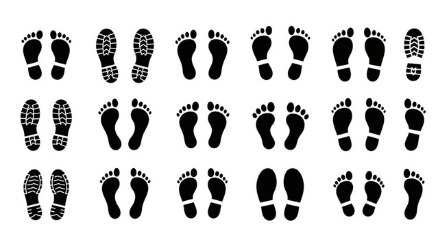 Footprints shoe prints vector silhouettes collection with sneakers, boots, sandals, bare feet, tread patterns, forensic comparison icons, human movement analysis, black outline design isolated art