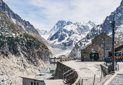 Montenvers station overlooking Mer de Glace glacier in Chamonix, French Alps