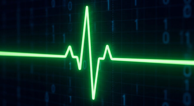 Glowing green heart rate pulse line on dark background with binary code