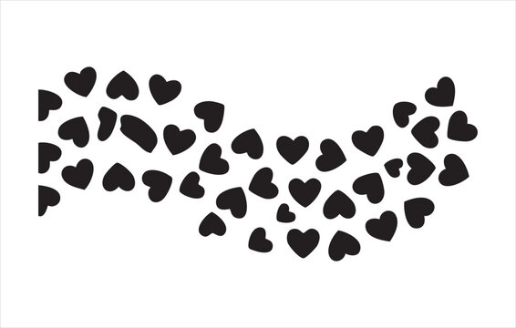 Abstract wave of small black heart silhouettes pattern flying on white background romantic concept.