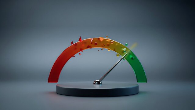 Arc shaped gauge with a metallic pointer a 3d render with colorful fragmented particles meter indicator measurement level
