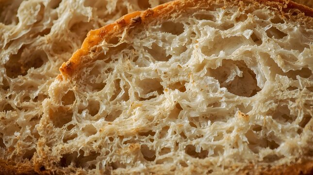 Close-up view of crusty bread texture with visible holes and crumb