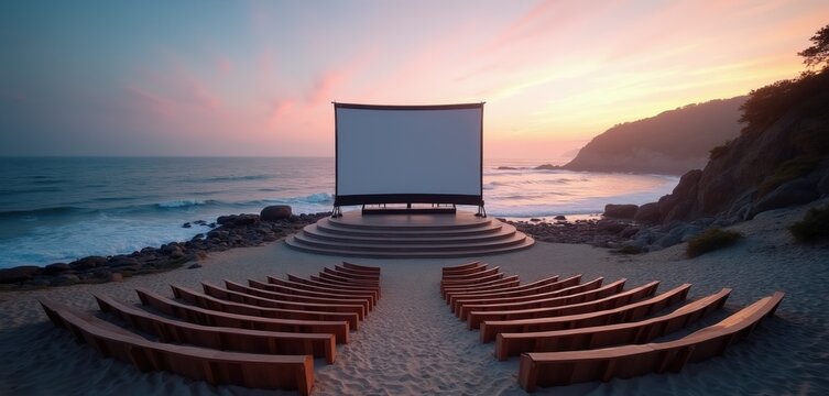 Outdoor cinema screen sits on sandy beach by ocean waves at sunset. Empty wooden seats face large projection wall. Coastal landscape offers seaside entertainment.
