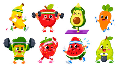 Obraz premium Cute fruit and vegetable characters doing fitness exercises