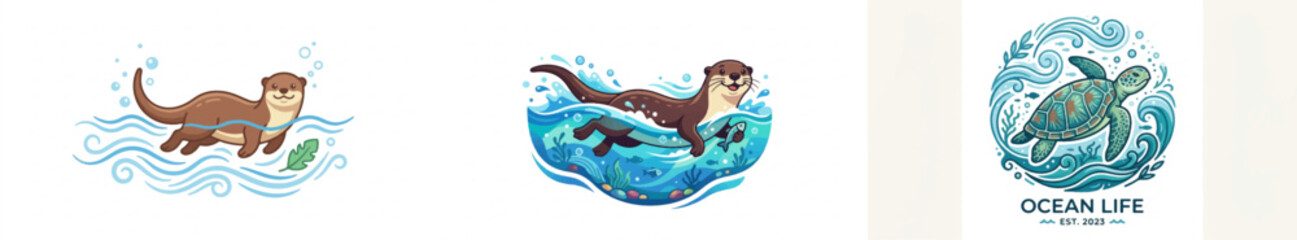Cute otter swimming in ocean waves with seaweed (1) © Cici