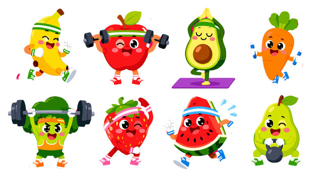 Cute fruit and vegetable characters doing fitness exercises