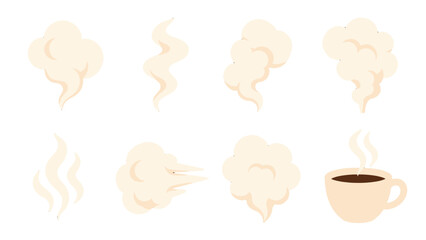 Obraz premium Set of steam and smoke cloud icons with hot coffee cup