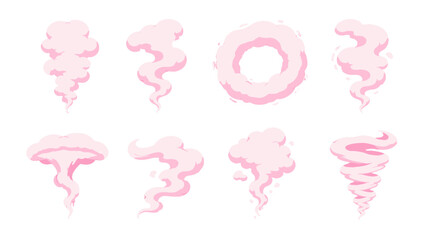 Fototapeta premium Set of pink cartoon smoke clouds and swirl effects