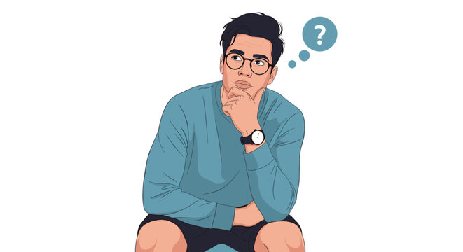 Young man with glasses sitting in a pensive pose with a question mark in a thought bubble symbolizing confusion and logic.