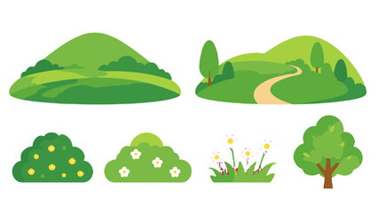 Obraz premium Set of green landscape, bushes, flowers, and tree vectors