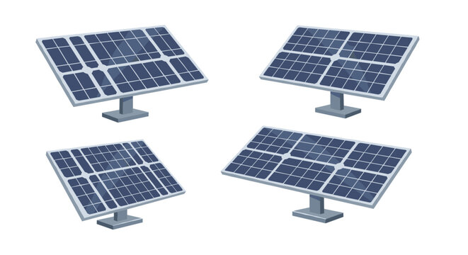 Realistic set of solar panels shown from four different perspectives for renewable energy and sustainable technology concepts.