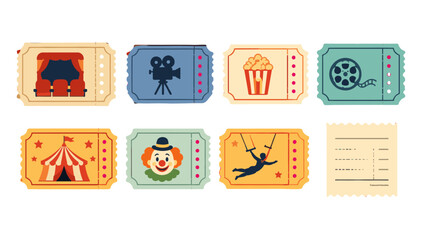 Obraz na płótnie Canvas Set of colorful entertainment ticket stubs with cinema and circus icons
