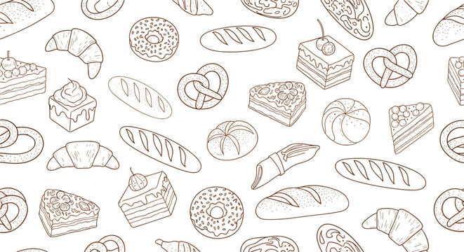 Delicious brown line art seamless pattern of various baked goods like croissants, donuts, pretzels, and cakes on white.