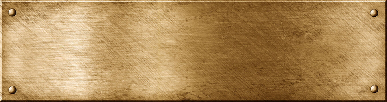 Brushed brass plaque with visible rivets and scratched texture in warm studio lighting for signage concepts