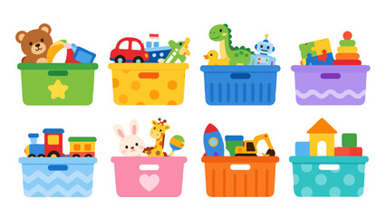 Colorful toy storage boxes with assorted children's toys © icon_art