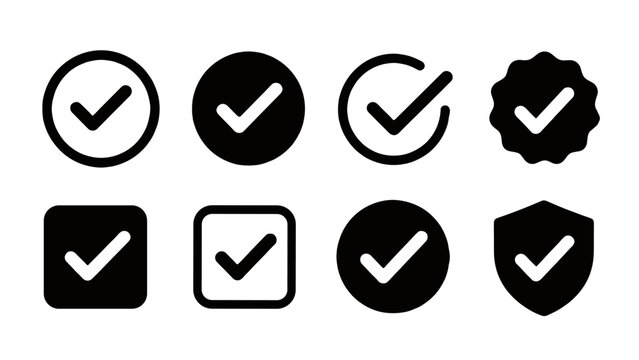 Set of black check mark icons in circles, square and shield